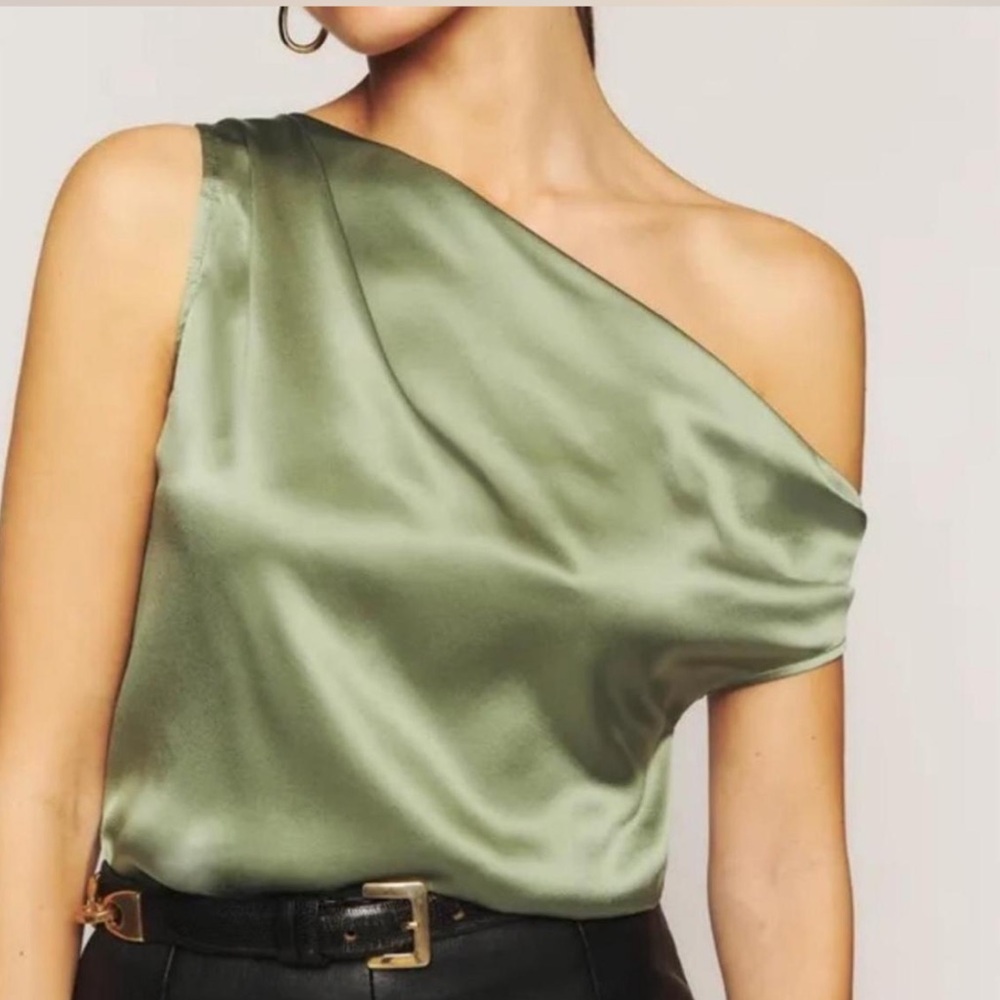 reformation annika silk top in artichoke green